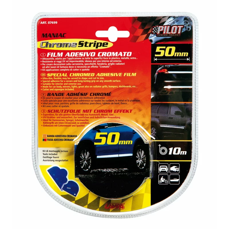 Banda ornament crom adeziva auto flexibila, 10 m x 50 mm