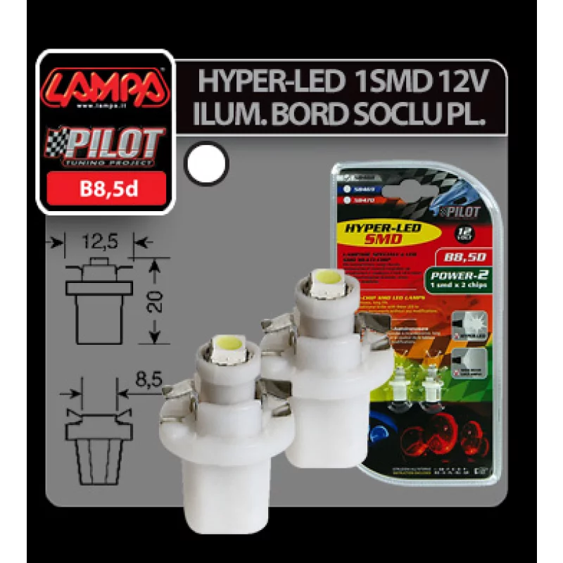 Bec LED B8.5d 12V alb pentru iluminare bord auto, 1 SMD, set 2 buc