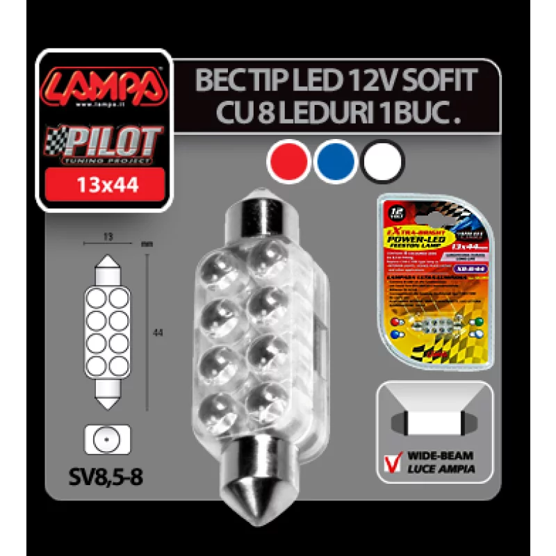 Bec LED auto 12V albastru, 13x44 mm, 8 LED, Sofit SV8.5-8, 1 buc
