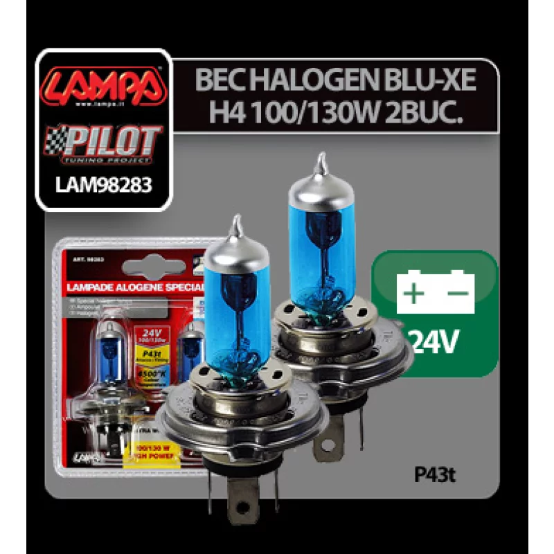 Set 2 becuri halogen Blu-Xe H4 24V 100/130W P43t, lumină 4500K