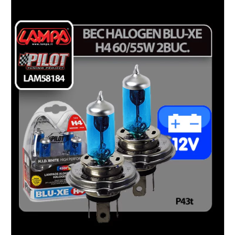 Set 2 becuri halogen auto Blu-Xe H4 12V 60/55W P43t, 4500K