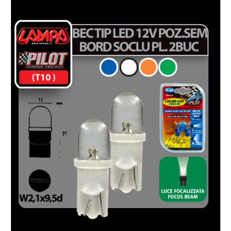 Bec LED T10 12V cu lumină albă focalizată, set 2 bucăți Lampa