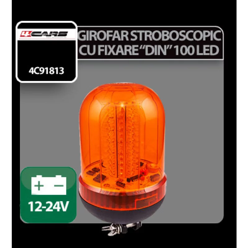 Girofar stroboscopic LED galben cu fixare DIN, 100 LED-uri, 12/24V