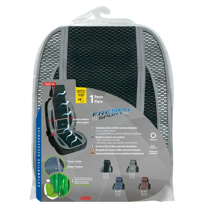 Husă scaun față din bambus Fresco-Sport, suport lombar, negru/gri