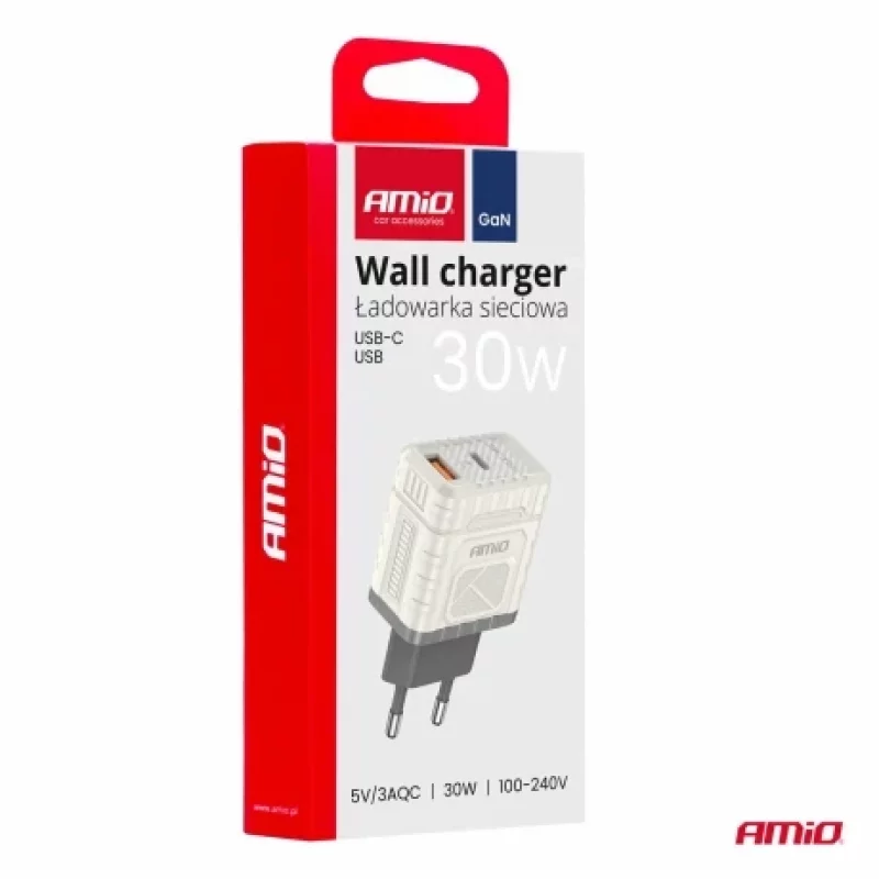 Încărcător de rețea Amio 30W GaN cu USB-A și USB-C, Quick Charge