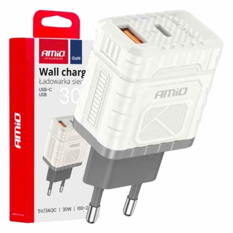 Încărcător de rețea Amio 30W GaN cu USB-A și USB-C, Quick Charge