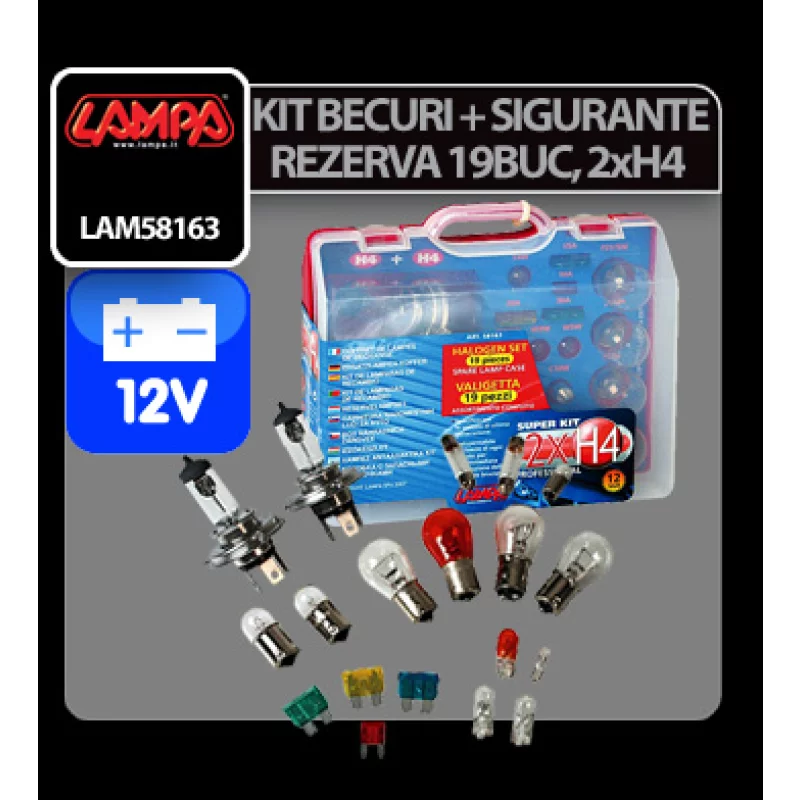 Kit becuri auto si sigurante 19 piese 12V cu 2 becuri halogen H4