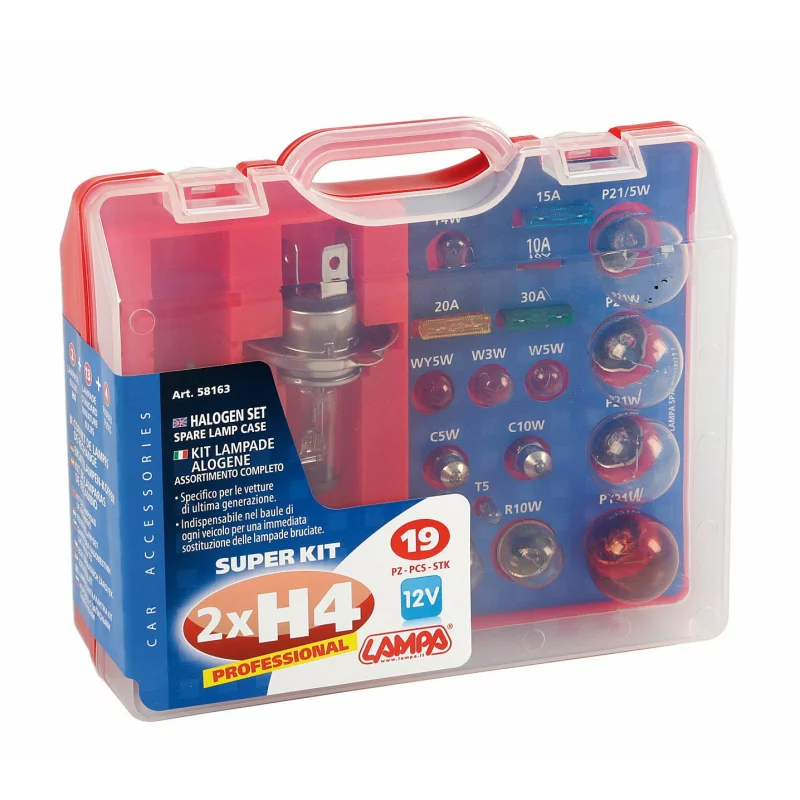 Kit becuri auto si sigurante 19 piese 12V cu 2 becuri halogen H4