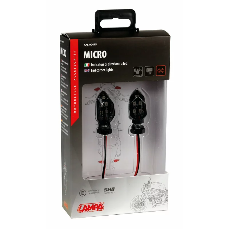 Semnalizări moto Micro LED 12V, 2 bucăți, negre, cu lentilă fumurie