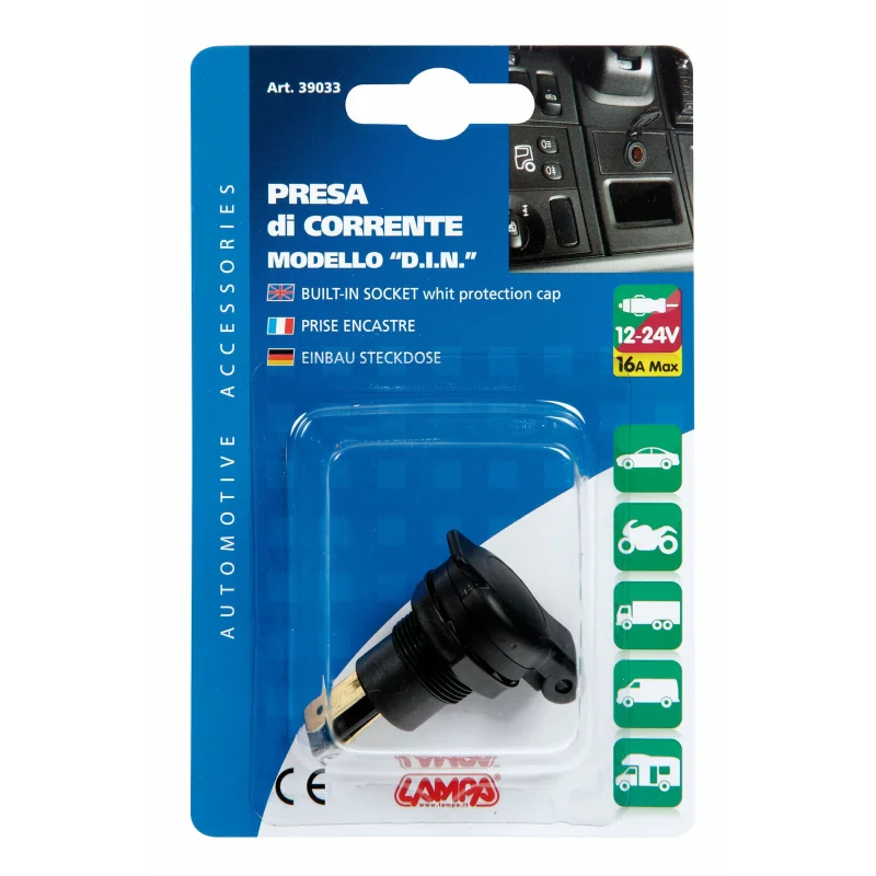 Priza auto incorporabila DIN 12/24V 16A cu capac de protectie Lampa
