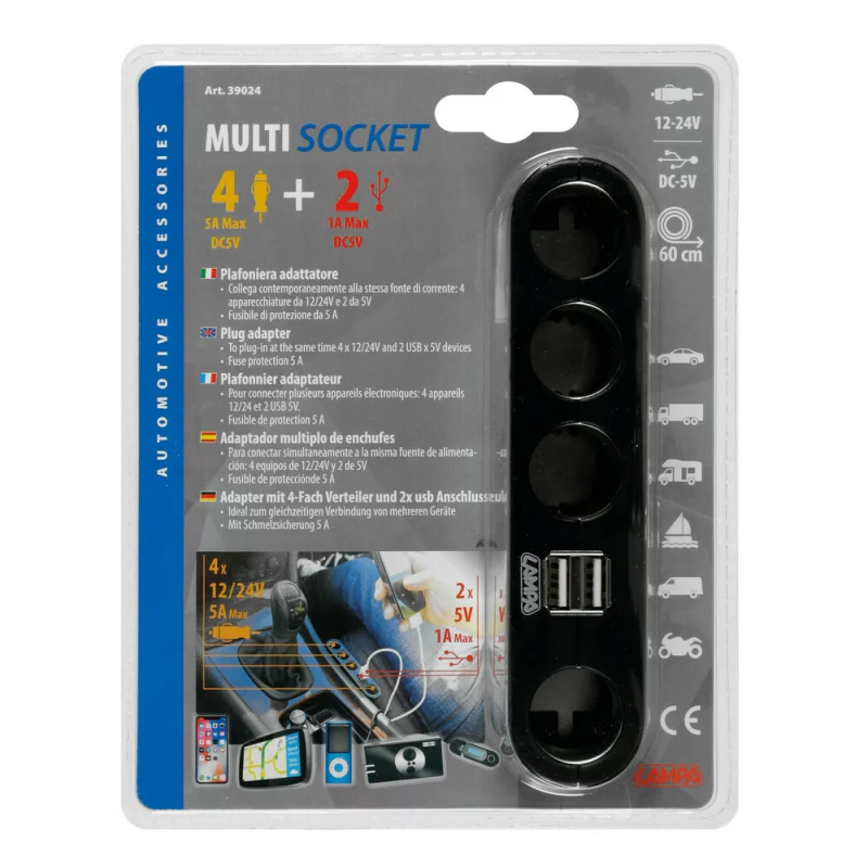 Priza cvadrupla auto 12/24V cu 2 porturi USB Lampa Multi-Socket