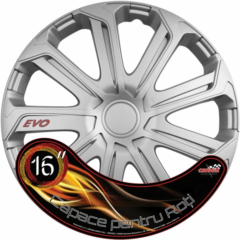 Set 4 capace roti auto Cridem Evo 16 inch, argintiu, din ABS