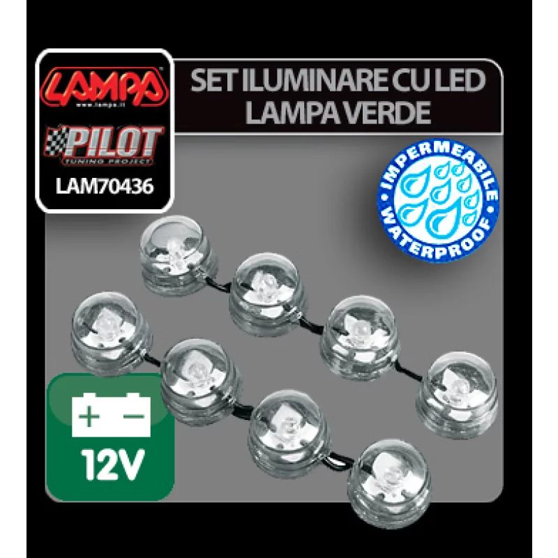 Set iluminare LED auto 8 bucăți, 12V, verde, impermeabil
