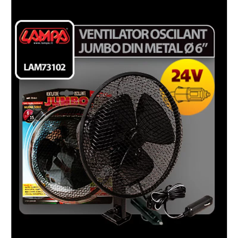 Ventilator auto oscilant Jumbo 24V din metal, Ø 15 cm, Lampa