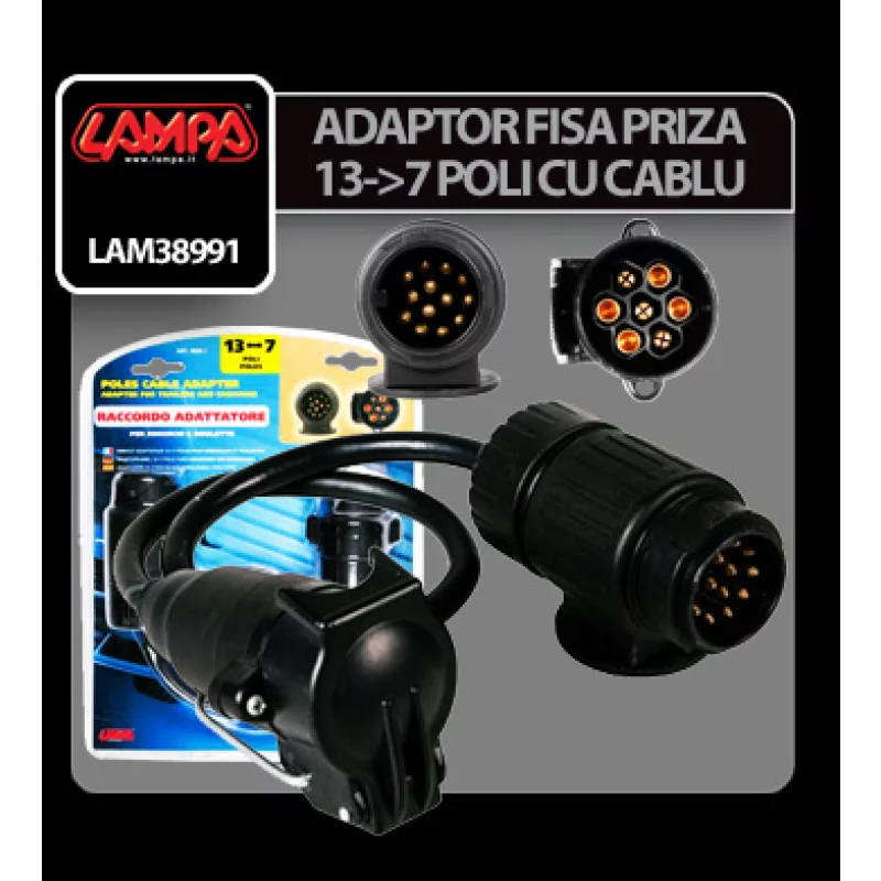 Adaptor priza remorca 13 la 7 pini cu cablu 40 cm, 12V Lampa