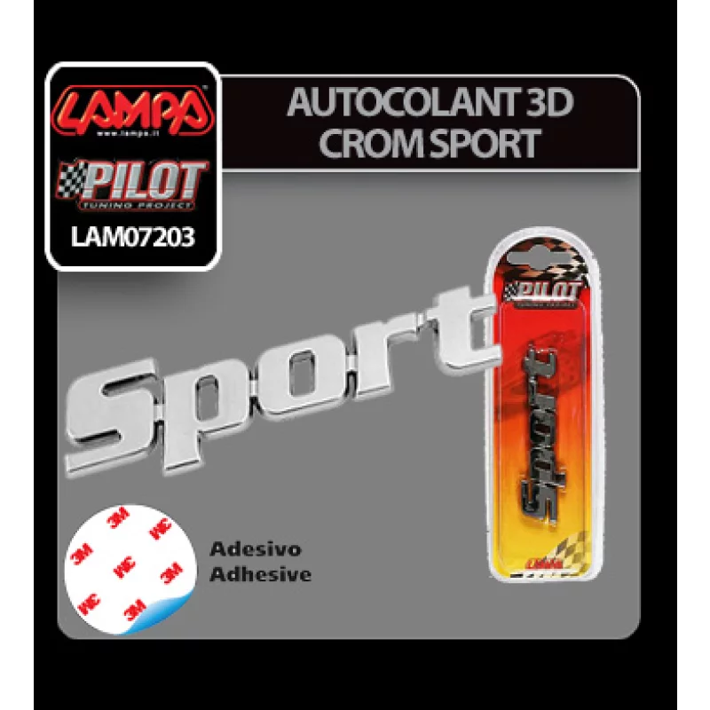 Autocolant 3D crom Sport pentru auto, cu adeziv 3M, 87x23 mm