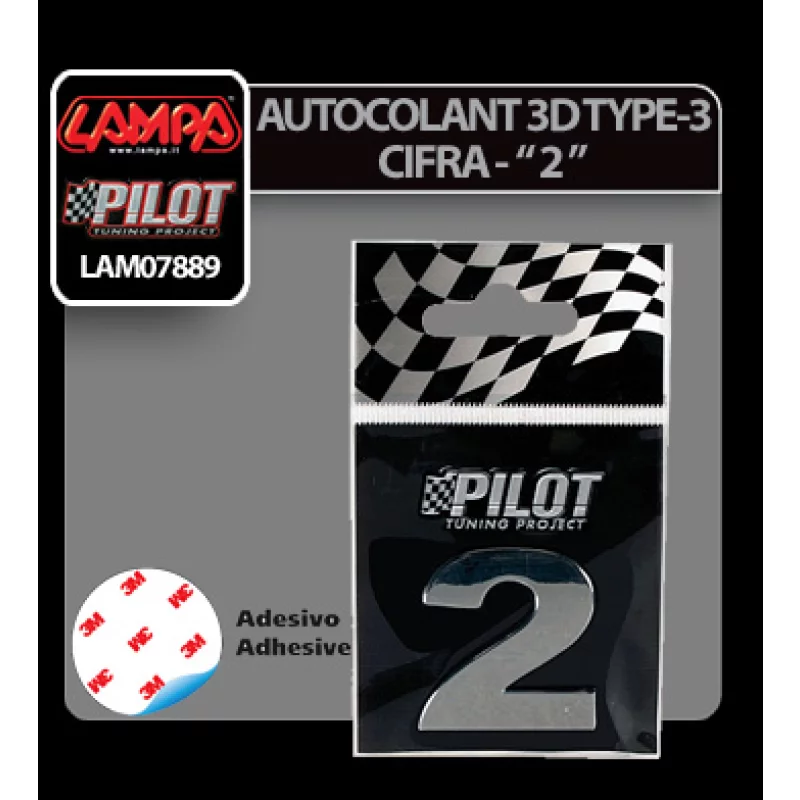 Autocolant 3D crom cifra 2 auto, 28 mm, adeziv puternic