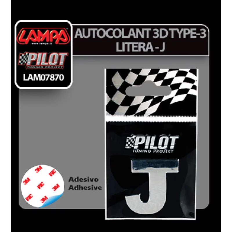 Autocolant 3D crom litera J 28 mm, adeziv pentru personalizare auto