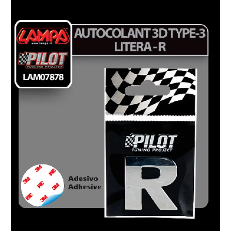 Autocolant 3D crom auto litera R, 28 mm, cu adeziv special