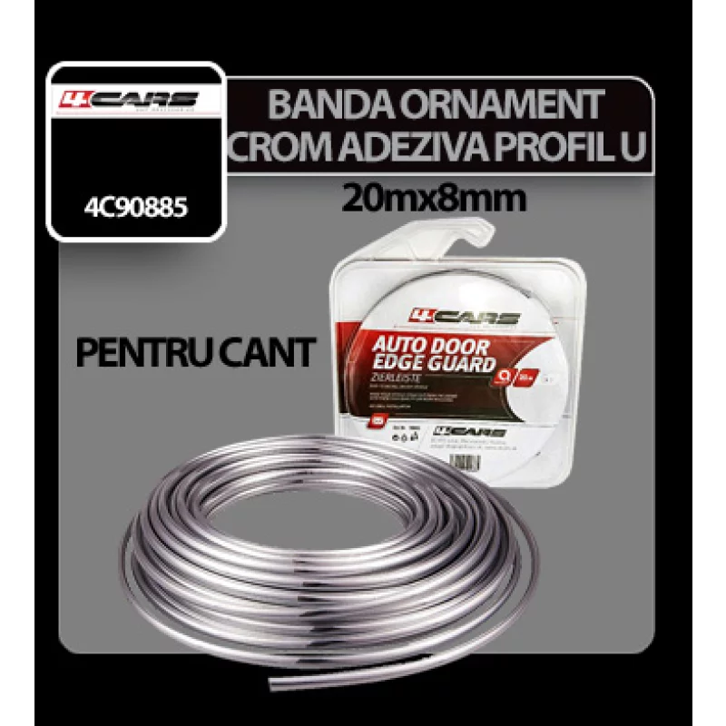 Bandă ornament crom adezivă profil U 4Cars, 20 m x 8 mm, flexibilă