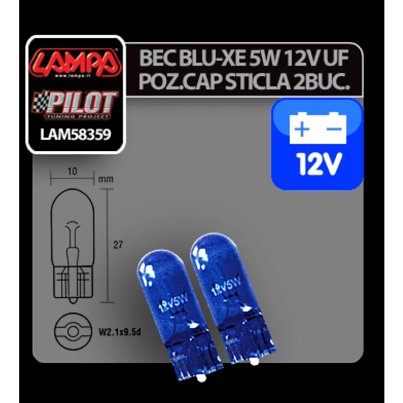 Bec poziție auto W5W Blu-Xe 12V 5W albastru, dulie W2,1x9,5d, set 2 buc