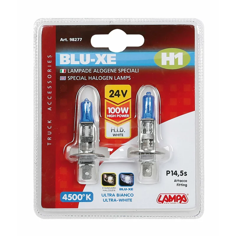 Set 2 becuri halogen Blu-Xe H1 100W 24V P14,5s, lumină 4500K