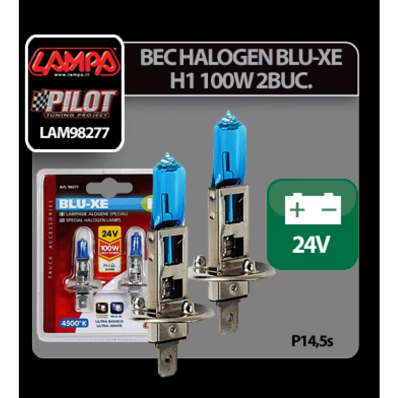 Set 2 becuri halogen Blu-Xe H1 100W 24V P14,5s, lumină 4500K