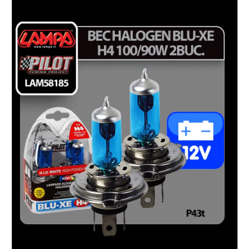Set 2 becuri halogen auto H4 Blu-Xe 12V 100/90W P43t, 4500K