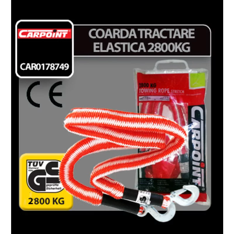 Coardă de tractare elastică auto 2800 kg, 1,5-4 m, cu cârlige