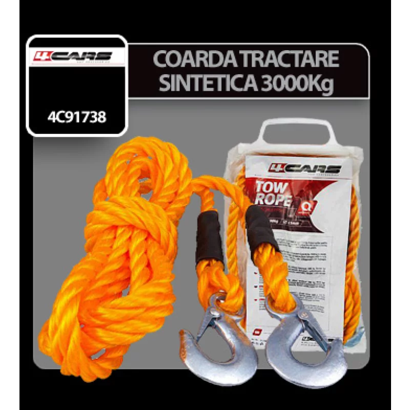 Coarda de tractare sintetica 4Cars 3000 kg, 4 m, galbena