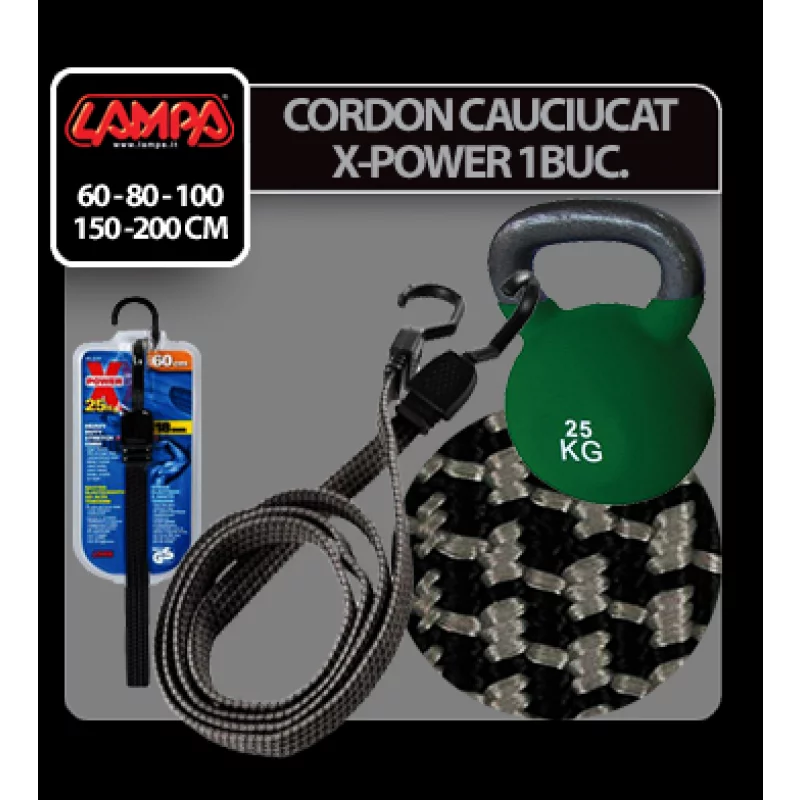 Cordon elastic cauciucat X-Power 60 cm cu carlige metalice, 1 buc