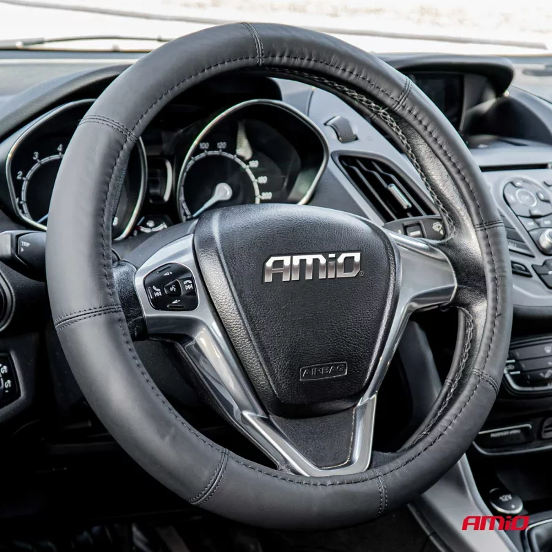 Husa volan din piele Amio SWC-48-M, neagra, marimea M, 37-39 cm