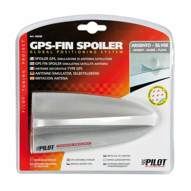 Imitatie antena GPS auto tip fin spoiler argintie cu adeziv 3M