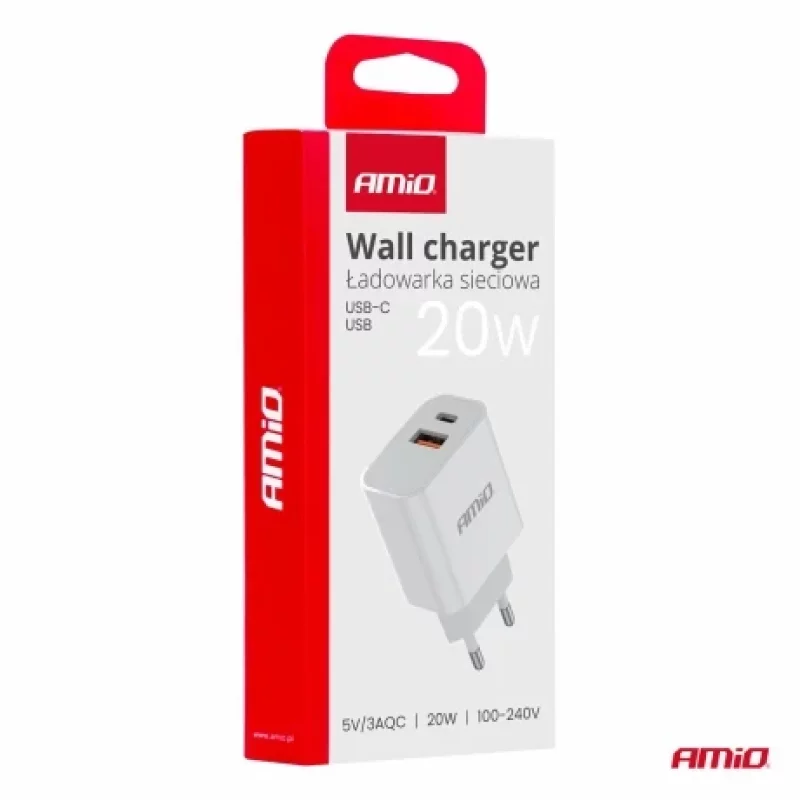 Incarcator retea Amio 20W cu USB-C si USB-A, Quick Charge, alb