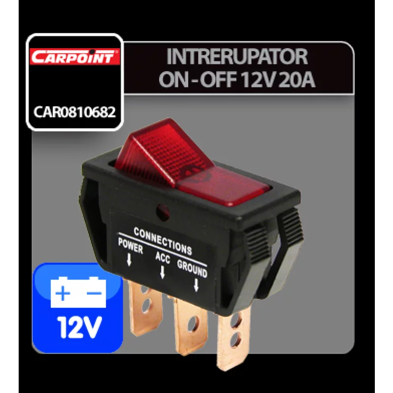 Intrerupator auto basculant On-Off 12V 20A iluminat rosu, 3 pini