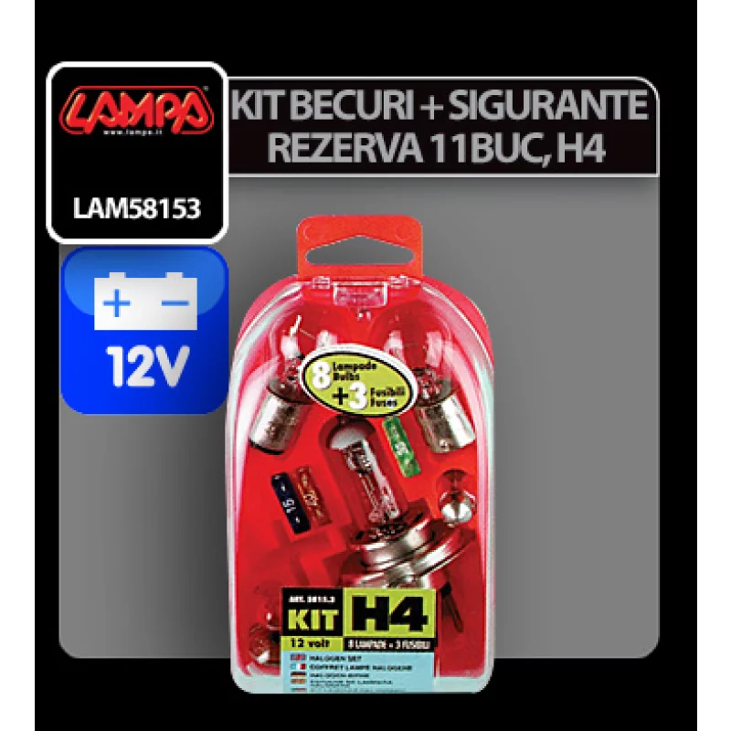 Kit becuri auto si sigurante H4 12V, 11 piese, halogen 60/55W