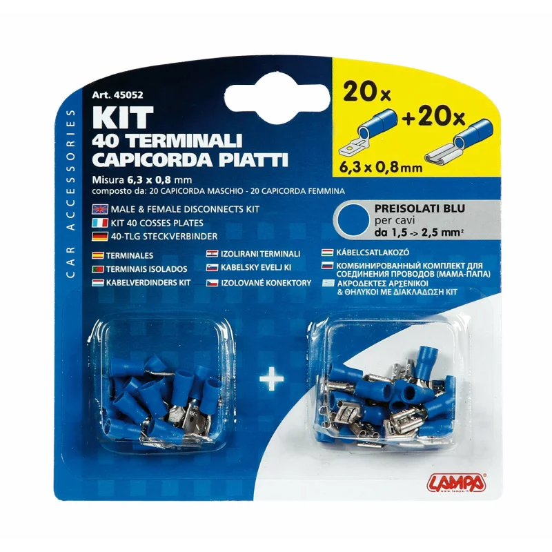 Kit papuci electrici 40 buc, 6,3x0,8 mm, albastru, pentru conexiuni rapide