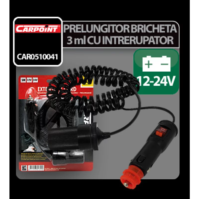 Prelungitor priză brichetă auto 3 m, 12-24V, cu întrerupător, Carpoint
