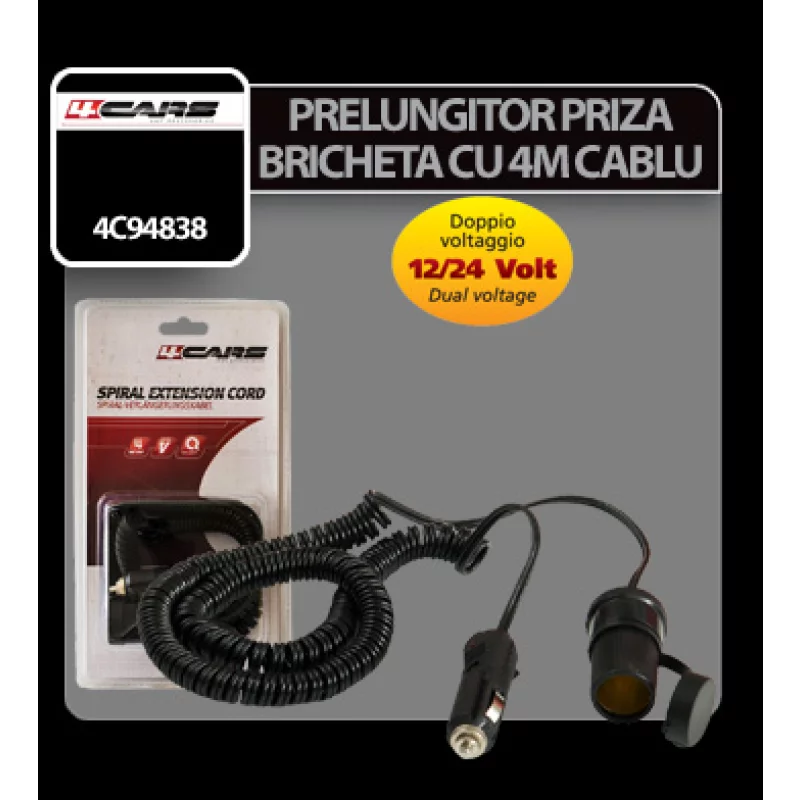 Prelungitor priza bricheta auto 4 m, 12-24V, cablu spiralat 4Cars