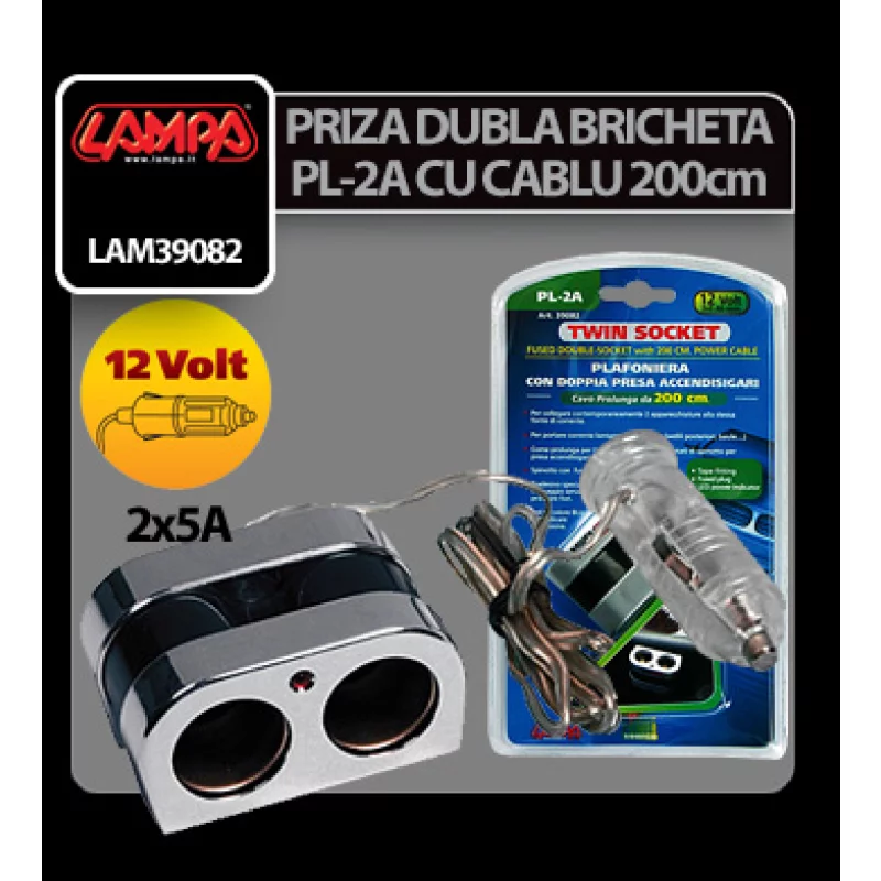 Priza dubla bricheta auto 12V cu cablu 200 cm, LED si siguranta