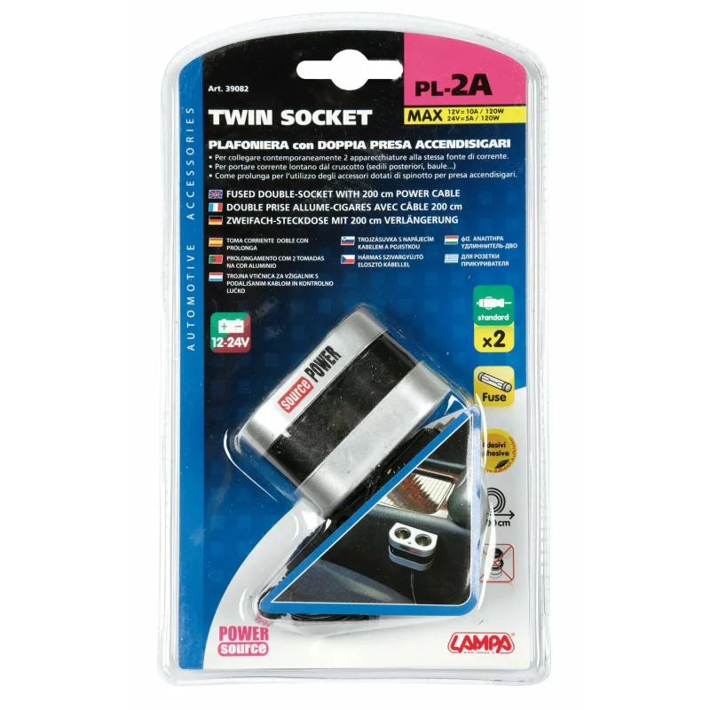 Priza dubla bricheta auto 12V cu cablu 200 cm, LED si siguranta