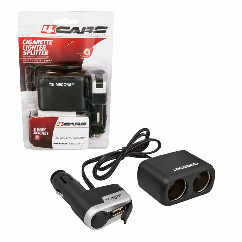 Priză dublă brichetă auto 12/24V cu USB, splitter 4Cars