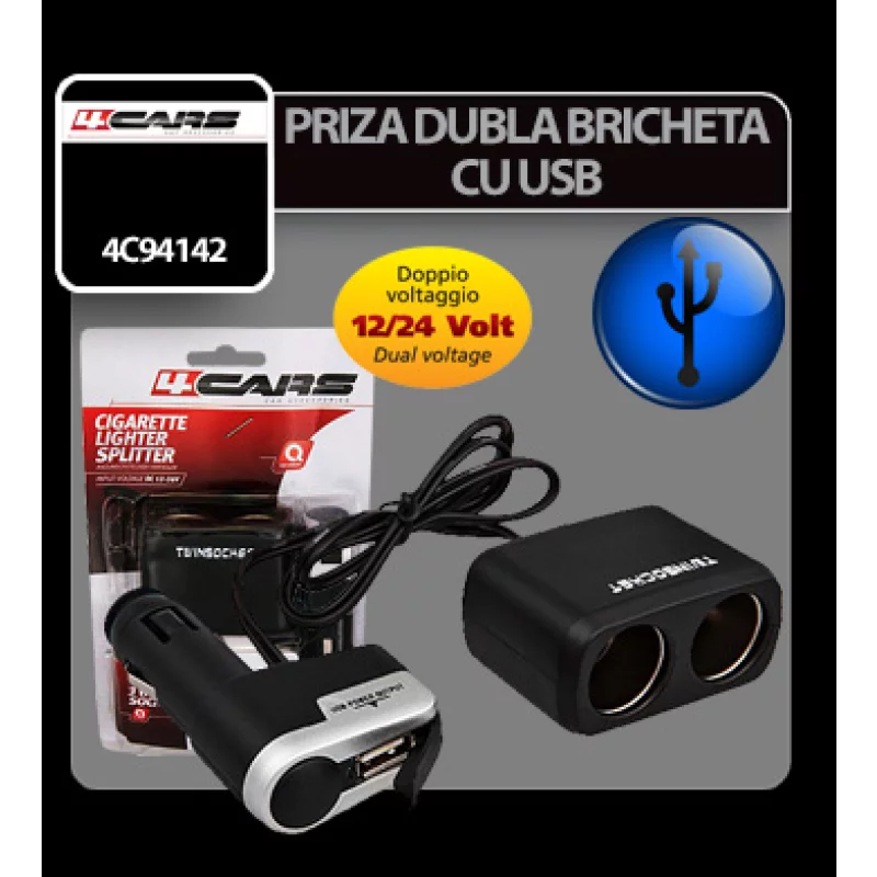 Priză dublă brichetă auto 12/24V cu USB, splitter 4Cars