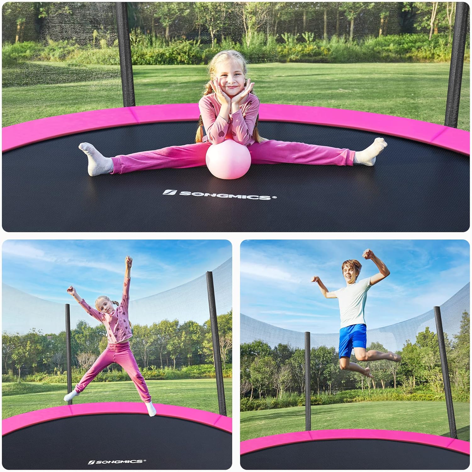 SONGMICS Trambulina pentru copii cu plasa de protectie exterioara, diametru 183 cm, 100 kg, roz Household NewTrend