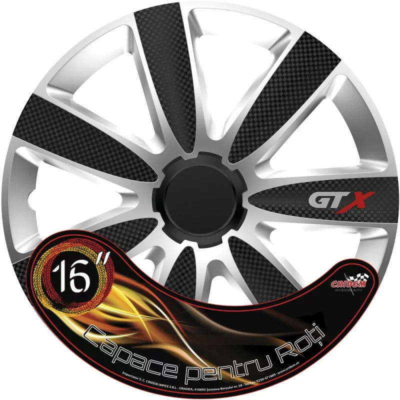 Set 4 capace roti auto Cridem GTX Carbon 16 inch, argintiu-negru