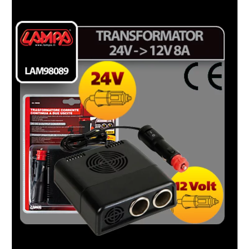 Transformator auto 24V la 12V 8A cu 2 prize bricheta si ventilator