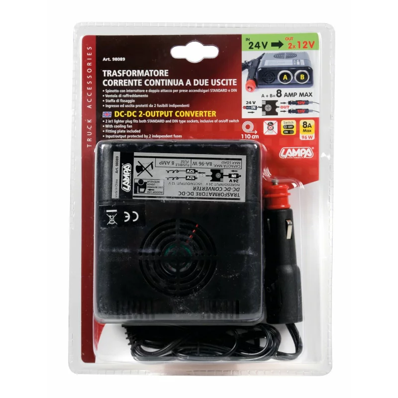 Transformator auto 24V la 12V 8A cu 2 prize bricheta si ventilator