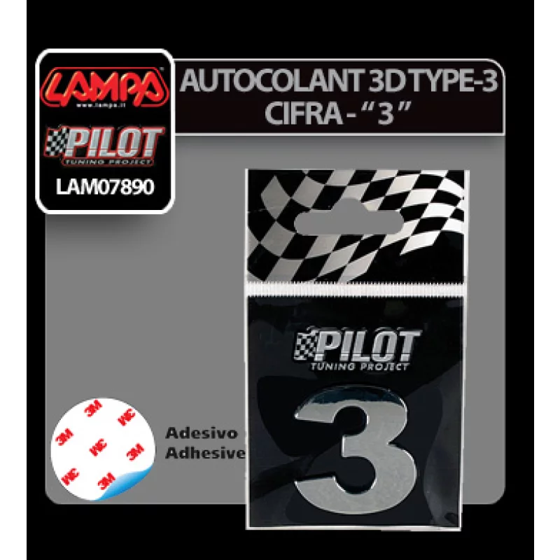 Autocolant 3D crom cifra 3, 28 mm, adeziv special pentru auto