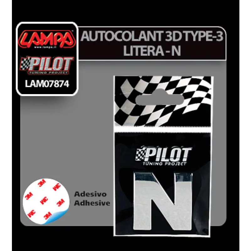 Autocolant 3D crom litera N auto, 28 mm, cu adeziv puternic