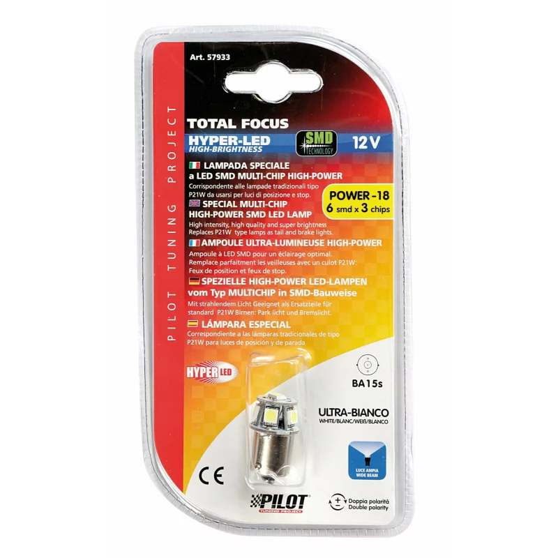 Bec LED BA15s 12V alb, 6SMD, tip P21W, soclu metalic